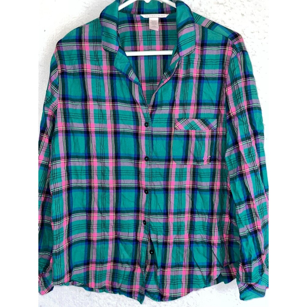 Victoria Secret Pajama Top Flannel Sleep Shirt M Red Plaid embroidered logo